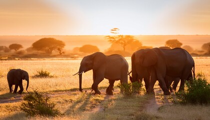 Fototapeta premium A family of elephants walks across the African steppe at dusk, the soft glow of the setting sun casting a warm light on their massive forms, creating a peaceful, majestic scene. 