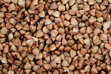 Brown buckwheat grain as a natural vegan food background