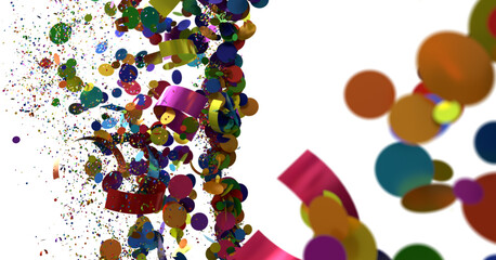 A vibrant burst of confetti and streamers on a white background, perfect for celebration and party themes.