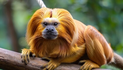 A golden lion tamarin, with its vibrant golden fur and expressive face, swings gracefully through the jungle, its tail wrapped around a branch, surrounded by lush green foliage