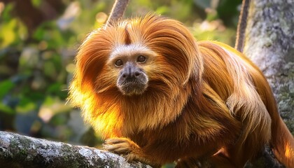 A golden lion tamarin, with its vibrant golden fur and expressive face, swings gracefully through the jungle, its tail wrapped around a branch, surrounded by lush green foliage