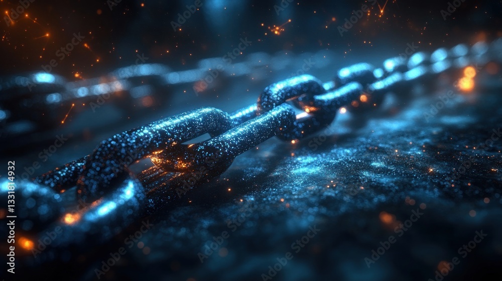 Poster futuristic blockchain concept with interconnected digital chains in cyberpunk style