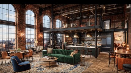 Fototapeta premium Loft apartment interior, city view, modern industrial style