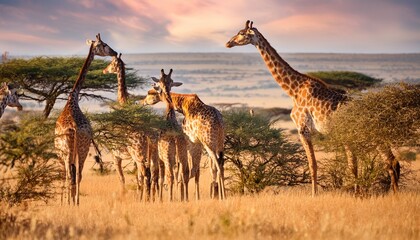 A graceful group of giraffes feeds peacefully on the tender leaves of acacia trees, their long necks reaching elegantly into the canopy, a quintessential African savanna scene.