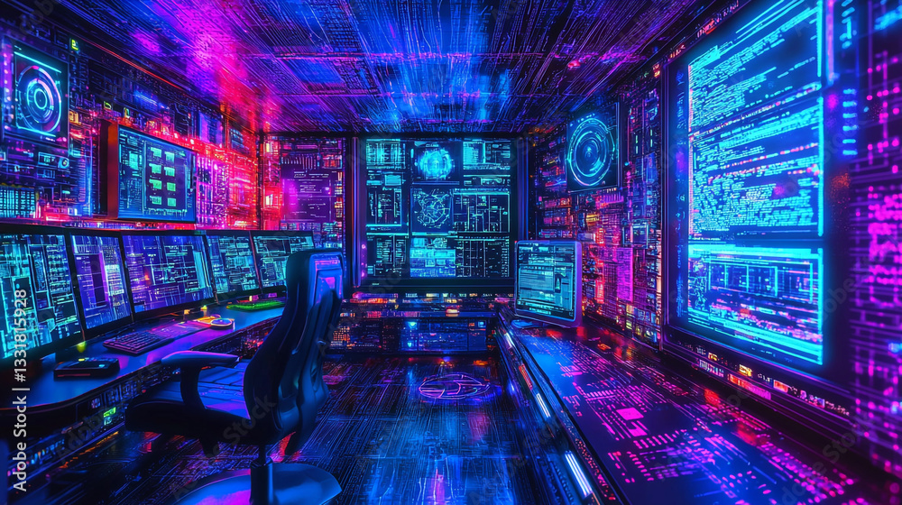 Poster cyberpunk style futuristic room with neon lights and multiple monitors displaying complex code and d