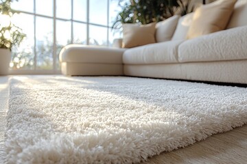 Close-up of soft fluffy carpet rug in living room with blurred sofa on background. White color rug with visible threads for cozy home decor. Interior design