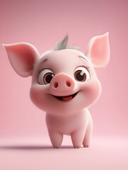Fototapeta premium Cute pink piglet with big eyes smiling playfully against a soft pink background in a cheerful setting
