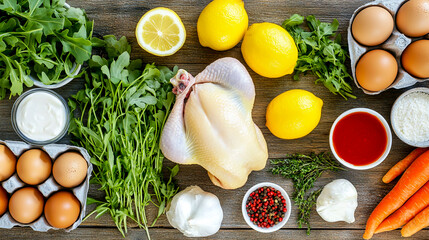 A chicken, including fresh vegetables and meat on a wooden table