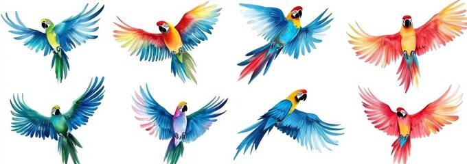 Vibrant Watercolor Macaw Tattoo Design Sheet with Colorful Bird Illustrations