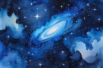 Vibrant Blue Watercolor Galactic Background with Stars and Cosmic Elements