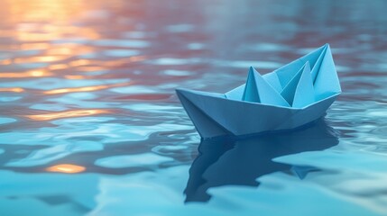 Paper boat floats on rippled water at sunset