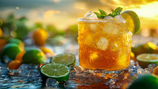 A refreshing glass of cocktail with fresh limes, mint, and ice cubes on a dark wet surface