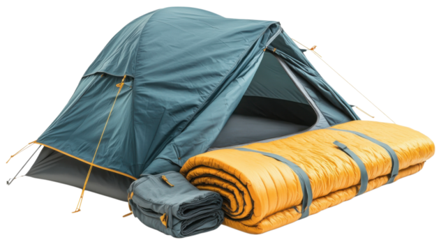 Camping tent setup with sleeping bag ready for outdoor adventure at a scenic location