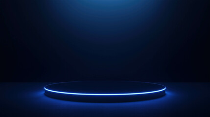 glowing blue ring digital platform stage product showcase led dark moody cinematic technology advertisement brand marketing tech branding empty blank space for copy text