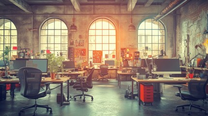 Fototapeta premium Industrial loft office space with natural light. Possible use for interior design inspiration