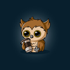 Cute Owl Sitting with Coffee Cup Cartoon Vector Icon Illustration Animal Drink Icon Isolated Flat Vector
