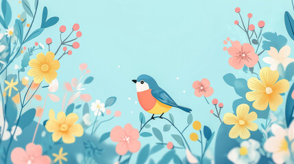 Colorful bird surrounded by vibrant flowers in a serene garden