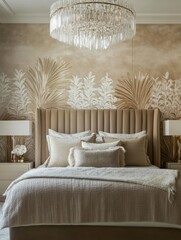 Luxurious bedroom with beige tones and a botanical wallpaper.  A large bed with neutral bedding and decorative pillows sits beneath a stunning crystal chandelier.  Two nightstands flank the bed