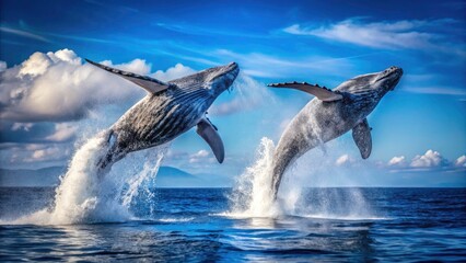 Fototapeta premium Minimalist Whale Splash in Open Sea - Serene Marine Life Photography, Nature's Beauty, Ocean Serenity, Whales Breaching, Marine Wildlife, Tranquil Seascape, Coastal Adventure