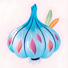 Bright blue garlic bulb with colorful accents and whimsical design
