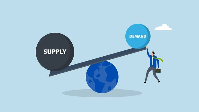 Demand vs supply balance, 4k animation Entrepreneur grasping a seesaw representing the equilibrium of demand and supply on Earth. 