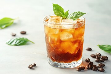 Iced coffee drink with basil garnish, in a crystal glass, surrounded by coffee beans. Perfect for menus, blogs, or articles about refreshing coffee beverages.