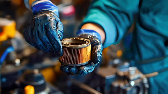 A close-up of a mechanic gloved hands holding a used oil filter covered in grease, in a busy automotive workshop