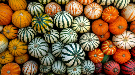 A display of striped melons, pineapples, and oranges at the farmer's market