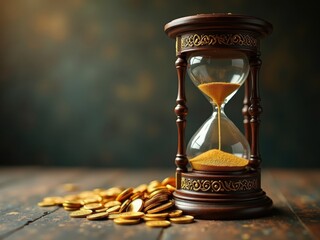 Reloj de arena lleno de monedas de oro que se agotan, simbolizando la rápida pérdida de estabilidad financiera y la crisis inflacionaria