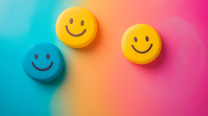 Brightly colored smiley faces on a vibrant abstract background create a cheerful atmosphere