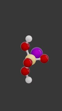 Molecule: Potassium Dihydrogen Phosphate. Chemical Structure Model: Ball and stick. Molecular Formula: KH2PO4. Isolated on a gray background. Seamless looping Vertical video. 3D render.