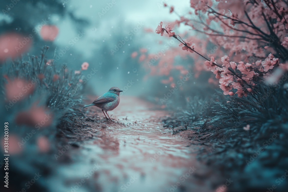 Poster bird stands by a stream surrounded by pink flowers in a tranquil natural setting with soft lighting