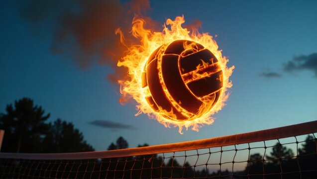 Pelota de voleibol en llamas, volando alto sobre la red con llamas detr&aacute;s