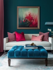 Teal living room with modern furnishings and pops of pink.  A luxurious and inviting space featuring a teal wall, white sofa, velvet teal ottoman, and pink accent pillows.  