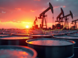 Barriles de petróleo dispuestos sobre una superficie, superposiciones de datos de mercado y plataformas petrolíferas durante el atardecer