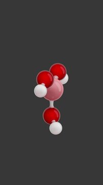 Molecule: Boric Acid. Chemical Structure Model: Ball and stick. Molecular Formula: H3BO3. Isolated on a gray background. Seamless looping Vertical video. 3D render.