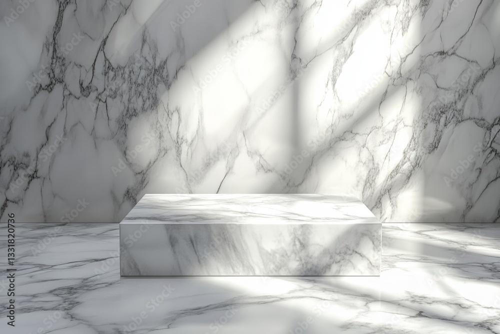 Poster Elegant white marble display platform illuminated by soft natural light in a minimalist interior setting