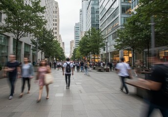 People Walking on Busy City Street with Modern Buildings and Trees