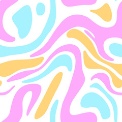 Abstract seamless pattern with fluid pastel shapes in pink, blue, and yellow, retro and psychedelic designs