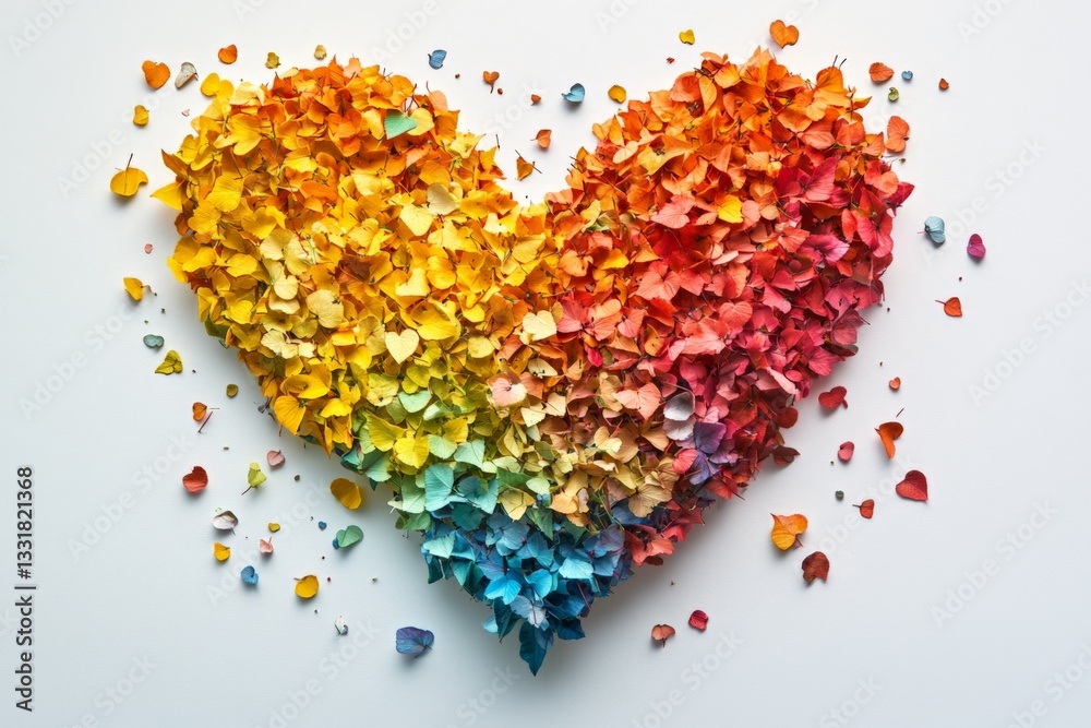 Poster Colorful heart shape created with flower petals arranged on a smooth surface