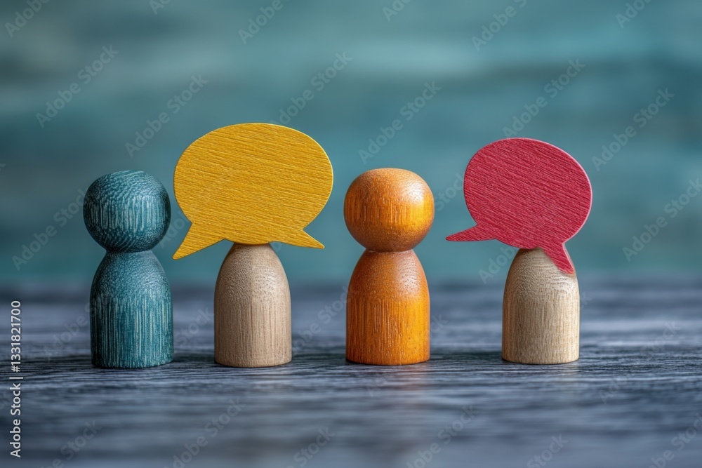 Poster colorful wooden figures engaging in conversation with speech bubbles on a textured background