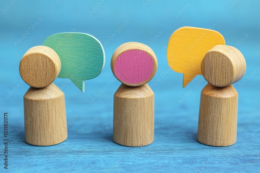 Poster Wooden figures with speech bubbles engaging in conversation on a blue background