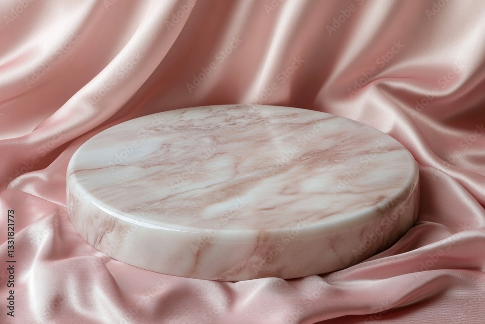 Poster Elegant round marble surface displayed on soft pink fabric creating a sophisticated aesthetic for presentations