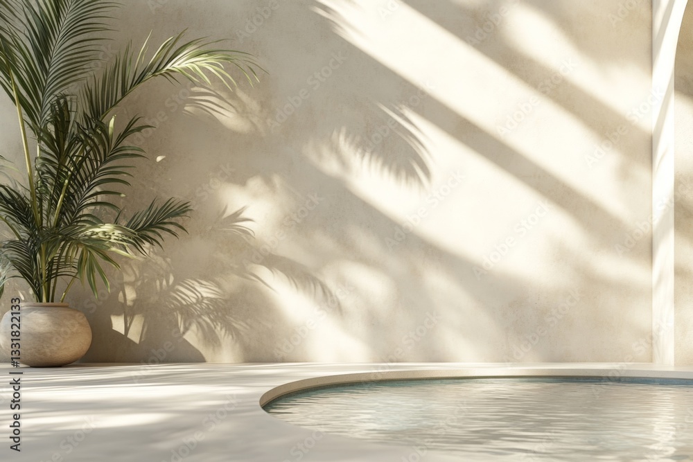 Poster relaxing outdoor space with a circular pool and palm leaves casting shadows on a light wall