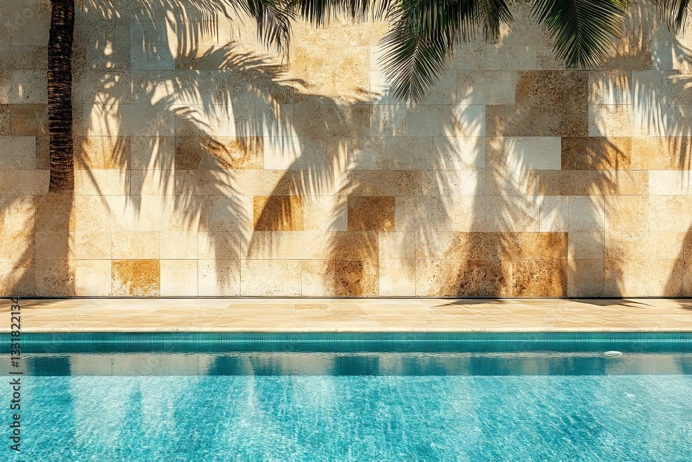 Poster tranquil poolside with serene blue water and palm shadows in a tropical setting during daylight hour