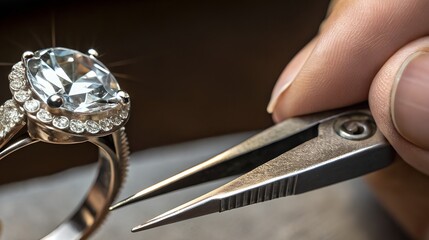 A jeweler carefully sets a sparkling gemstone into a silver ring using precision tools. A close-up of craftsmanship and attention to detail in fine jewelry creation.