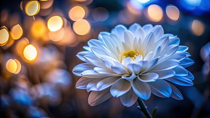 Night Bloom: Close-Up White Flower Macro Photography, Dark Background, Bokeh, Nighttime Floral