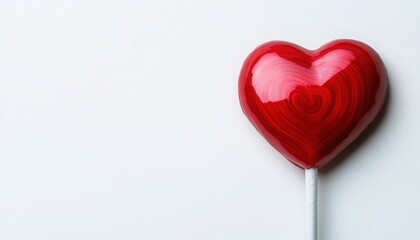 Obraz premium A shiny red heart-shaped lollipop on a plain white background, symbolizing love and sweetness.