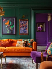 Vibrant living room with bold color palette.  Dark green and rich purple walls accented with an orange sofa and purple