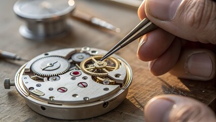 A watchmaker carefully assembles a mechanical timepiece using fine tweezers, highlighting the intricate details of horology and craftsmanship.
